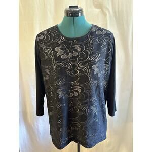 Adrian Delafield Black Floral Lace Overlay Top – Size XL (22.5” P2P)